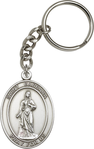 Silver Oxide Saint Barbara Keychain Engraved Catholic Saint Jewelry