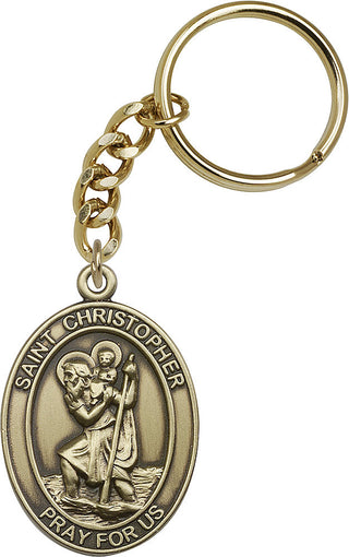Gold Oxide Saint Christopher Keychain Engraved Catholic Saint Jewelry