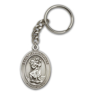 Silver Oxide Saint Christopher Keychain Engraved Catholic Saint Jewelry