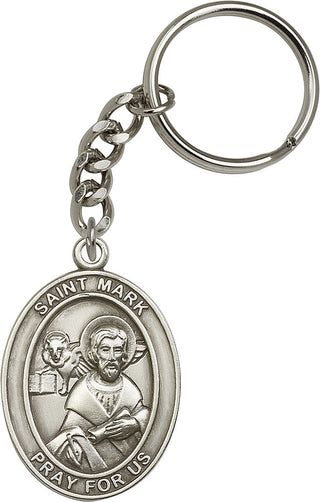 Silver Oxide Saint Mark Keychain Engraved Catholic Saint Jewelry