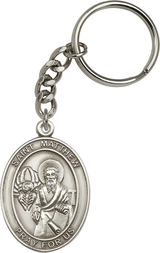 Silver Oxide Saint Matthew Keychain Engraved Catholic Saint Jewelry