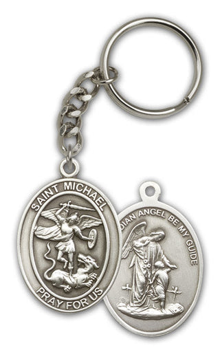Silver Oxide Saint Michael the Archangel Keychain