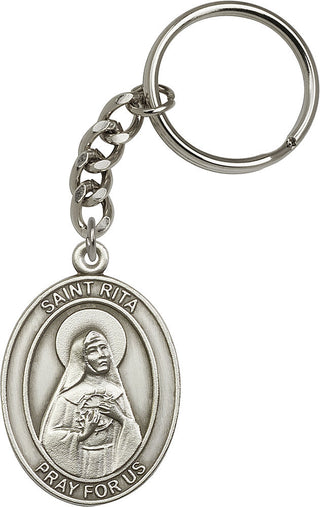 Silver Oxide Saint Rita of Cascia Keychain Engraved Catholic Saint Jewelry