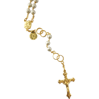 7mm Premium Gold Plated Unity Rosary with Faux Pearl Glass Beads - 50th Anniversary