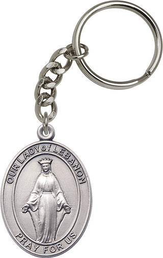Silver Oxide Our Lady of Lebanon Keychain Engraved Catholic Saint Jewelry
