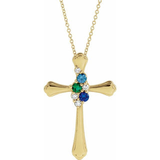 14K Yellow 3-Stone 1/8 CTW Natural Diamond Semi-Set Family Cross 16-18" Necklace