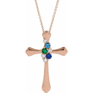 14K Rose 3-Stone 1/8 CTW Natural Diamond Semi-Set Family Cross 16-18" Necklace