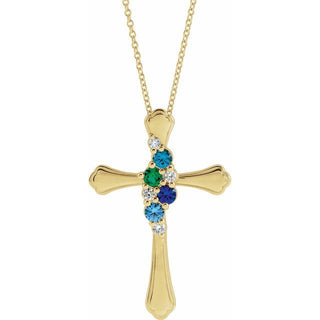 14K Yellow 4-Stone 1/8 CTW Natural Diamond Semi-Set Family Cross 16-18" Necklace