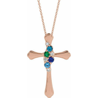 14K Rose 4-Stone 1/8 CTW Natural Diamond Semi-Set Family Cross 16-18" Necklace