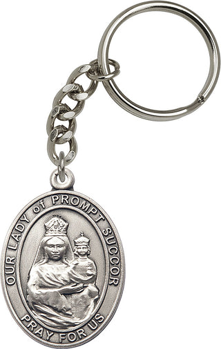Silver Oxide Our Lady of Prompt Succor Keychain Engraved Catholic Saint Jewelry