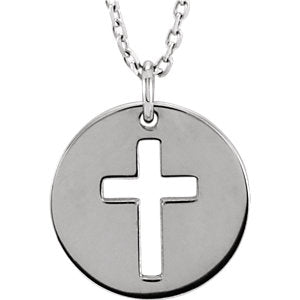14K White Pierced Cross Disc 16-18" Necklace