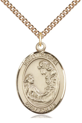 14kt Gold Saint Cecilia Medal Engraved Catholic Saint Jewelry