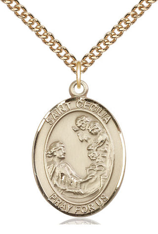 14kt Gold Saint Cecilia Medal Engraved Catholic Saint Jewelry