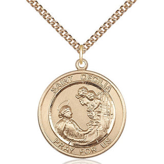 14kt Gold Saint Cecilia Medal Engraved Catholic Saint Jewelry