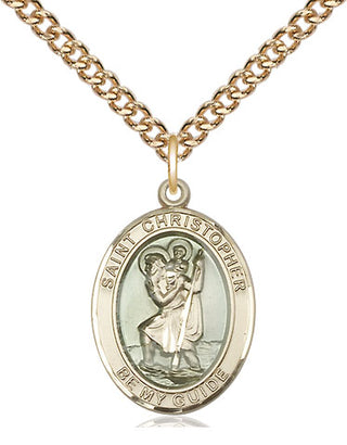 14kt Gold Saint Christopher w/Epoxy Medal Engraved Catholic Saint Jewelry