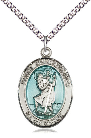 Sterling Silver Saint Christopher w/Epoxy Medal Catholic Jewelry Engraved Catholic Saint Jewelry