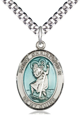 Sterling Silver Saint Christopher w/Epoxy Medal Catholic Jewelry Engraved Catholic Saint Jewelry