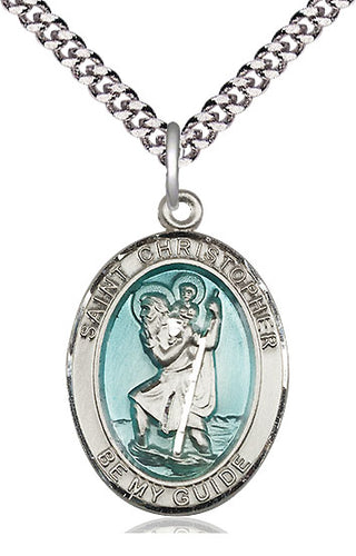 Sterling Silver Saint Christopher w/Epoxy Medal Catholic Jewelry Engraved Catholic Saint Jewelry