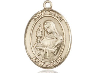 14kt Gold Saint Clare of Assisi Medal Engraved Catholic Saint Jewelry