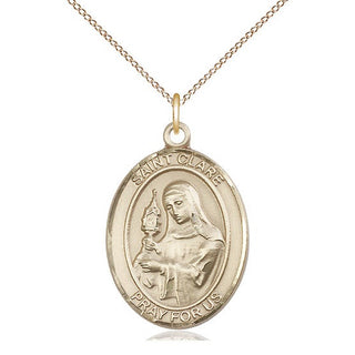 14kt Gold Saint Clare of Assisi Medal Engraved Catholic Saint Jewelry