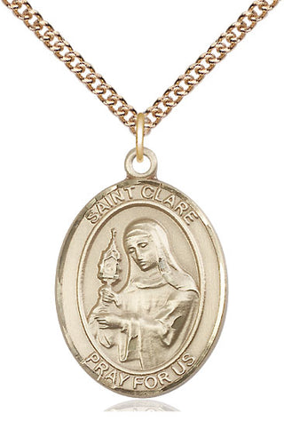 14kt Gold Saint Clare of Assisi Medal Engraved Catholic Saint Jewelry