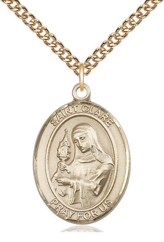 14kt Gold Saint Clare of Assisi Medal Engraved Catholic Saint Jewelry