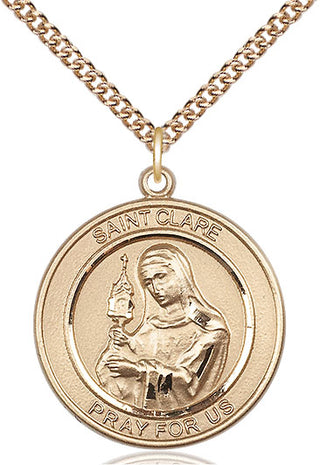 14kt Gold Saint Clare of Assisi Medal Engraved Catholic Saint Jewelry