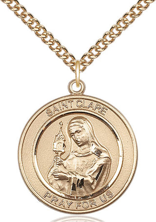 14kt Gold Saint Clare of Assisi Medal Engraved Catholic Saint Jewelry