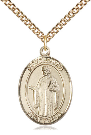 14kt Gold Saint Justin Medal Engraved Catholic Saint Jewelry