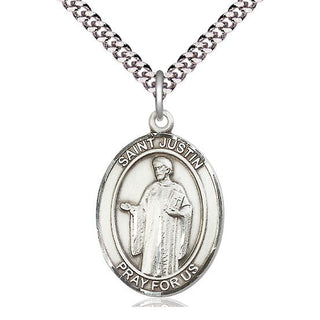 Pewter Saint Justin Medal Catholic Jewelry Engraved Catholic Saint Jewelry
