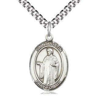 Pewter Saint Justin Medal Catholic Jewelry Engraved Catholic Saint Jewelry