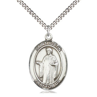 Pewter Saint Justin Medal Catholic Jewelry Engraved Catholic Saint Jewelry