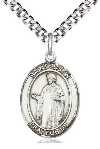 Sterling Silver Saint Justin Medal Catholic Jewelry Engraved Catholic Saint Jewelry