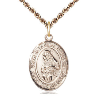 14kt Gold Virgen de la Divina Medal Engraved Catholic Saint Jewelry