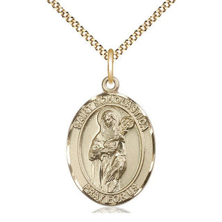 14kt Gold Filled Saint Scholastica Medal Catholic Jewelry Engraved Catholic Saint Jewelry