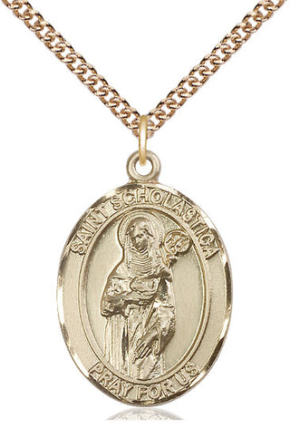 14kt Gold Saint Scholastica Medal Engraved Catholic Saint Jewelry