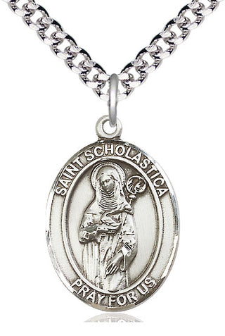 Pewter Saint Scholastica Medal Catholic Jewelry Engraved Catholic Saint Jewelry