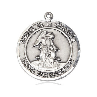 Pewter Angel de la Guarda Medal Engraved Catholic Saint Jewelry