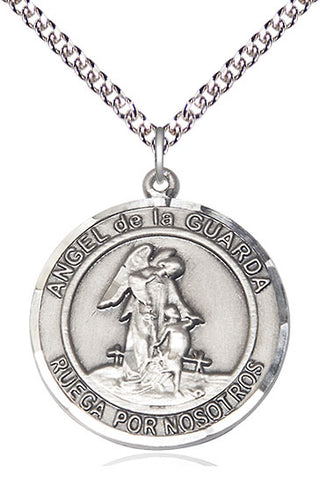 Sterling Silver Angel de la Guarda Medal Catholic Jewelry Engraved Catholic Saint Jewelry