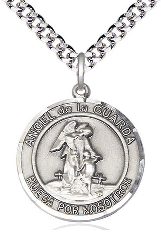 Sterling Silver Angel de la Guarda Medal Catholic Jewelry Engraved Catholic Saint Jewelry