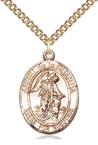 14kt Gold Angel de la Guarda Medal Engraved Catholic Saint Jewelry