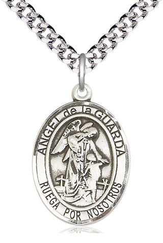 Sterling Silver Angel de la Guarda Medal Catholic Jewelry Engraved Catholic Saint Jewelry