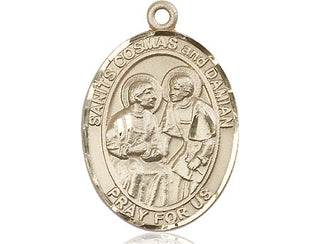 14kt Gold Saints Cosmas & Damian Medal Engraved Catholic Saint Jewelry