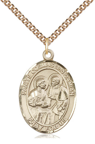14kt Gold Saints Cosmas & Damian Medal Engraved Catholic Saint Jewelry