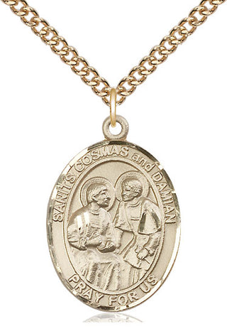 14kt Gold Saints Cosmas & Damian Medal Engraved Catholic Saint Jewelry
