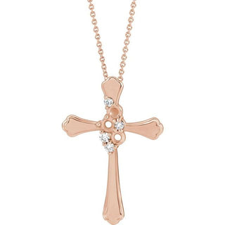 14K Rose 3-Stone 1/8 CTW Natural Diamond Semi-Set Family Cross 16-18" Necklace
