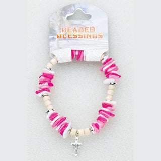10-Pack - Pink Beaded Bracelet With Silver Crucifix