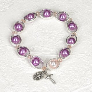 4-pack - Lavender Faux Pearl and Silver tone Oval Rosary Stretch Bracelet
