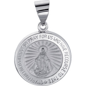14K White 15 MM Hollow Round Miraculous Medal