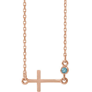 14K Rose Aquamarine Sideways Accented Cross 16-18" Necklace